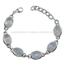 Raimbow Moonstone Gemstone & 925 Sterling Silver Chain Link Bracelet Charming Jewelry